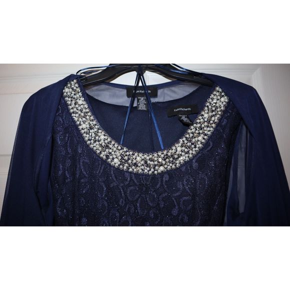 R&M Richards Women's Sz 14 Navy Beaded Dress & Flyaway Jacket 2 Piece Set $139 - Picture 4 of 7